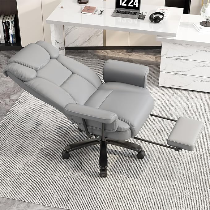 GYI 160 Reclining Office Chair with Footrest, Big and Tall High Back Ergonomic Computer Desk Chair with Cross Legged Seat, Arms, Wheels, Leather, Grey, 400 LBS Capacity