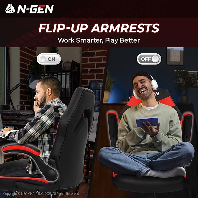 N-GEN Video Gaming Chair Ergonomic Computer Desk Office Chair with Lumbar Support Adjustable Height Swivel Wheels Flip-Up Arms PU Leather Home and Office (Classic Red)