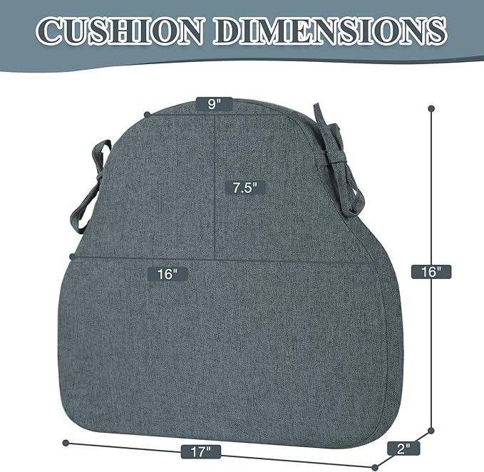 2 Pack Dark Grey Winsor Chair Cushions with Ties, Dining Kitchen Chair Seat Pads Non Slip Removable Washable Cover 17"x16"