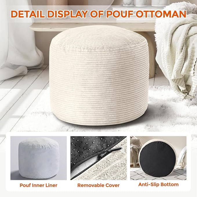 20" x 20" x 15" Pouf Ottoman Foot Rest, Pre-Stuffed Round Foot Stool with Odorless Shredded Memory Foam, Furry & Fluffy Corduroy Footrest for Living Room, Beige