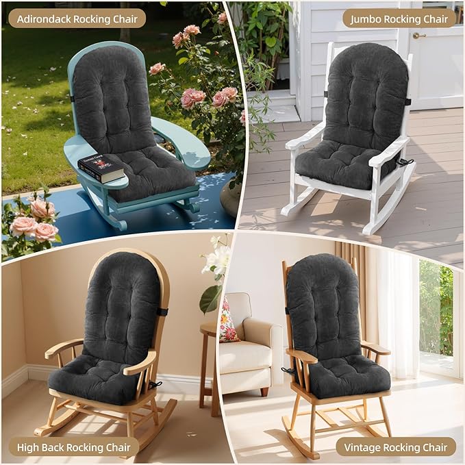 Rocking Chair Cushion - Corduroy Fabric, High-Density Sponge, Durable Comfort Non-Slip Bottom Tufted Seat Pads with Ties, Corduroy︱Deep Gray, 44x19x4 inch