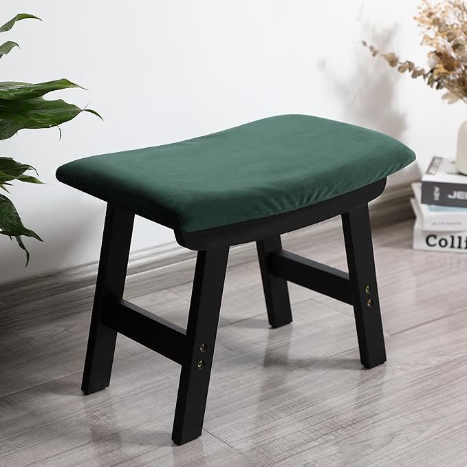 BAMBOO LAND- Bamboo Foot Stools Ottoman, Green Cushion & Black Wood Legs, Small Ottoman Foot Rest for Couch