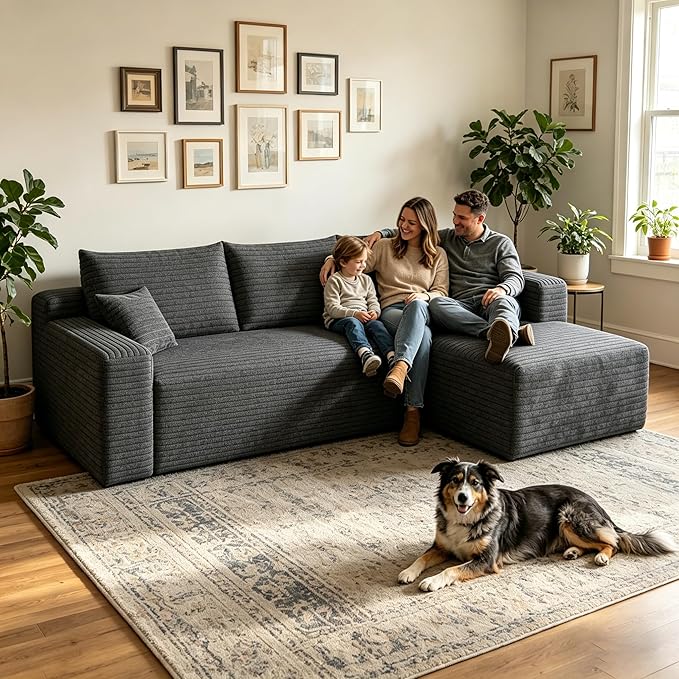 94" Boneless Couches with Right Facing Chaise for Living Room,Corduroy Sectional Couch,L-Shape Cloud Couches Compressed Memory Foam Cloud Sofa,No Assembly Required,Darkgrey