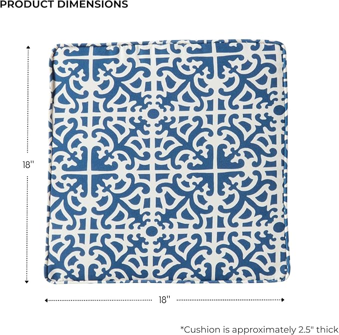 Outdoor 18 inch Square Patio Dining Chair Pads – Comfortable Fiber-Filled Seat Cushions with Ties, Reversible Polyester Fabric - Indigo Blue Lattice, Set of 2
