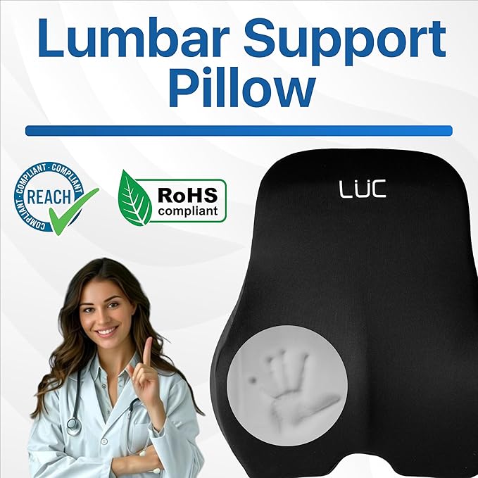 LÜC Lumbar Support Pillow for Office Chair & Car – Ergonomic Memory Foam Back Cushion for Lower Back Pain Relief – Adjustable Strap, Breathable Cover – Improves Posture & All-Day Comfort