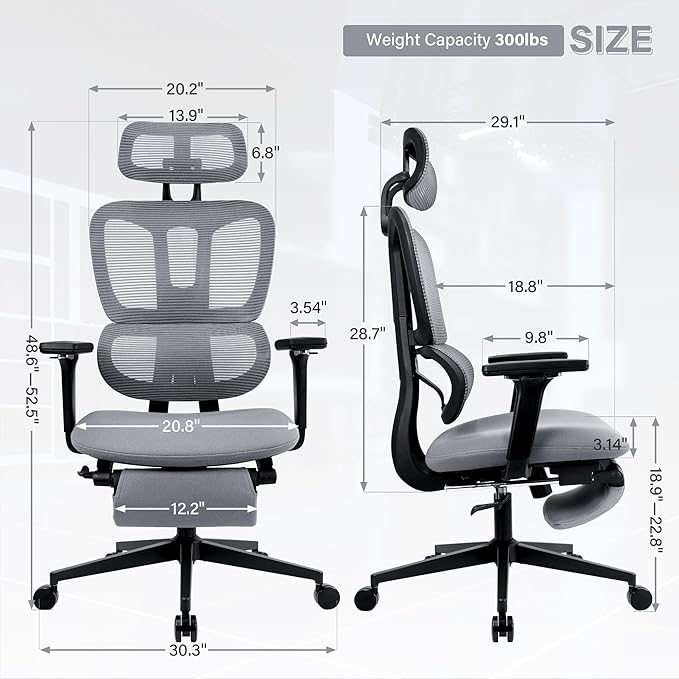Ergonomic Office Chair with Footrest, High Back Computer Office Chair with Dynamic Lumbar Support, 2D Headrest, 4D Armrest, Sponge Seat, Mesh Home Office Desk Chair for Adults, Dark Grey