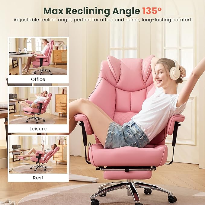 500lbs Big and Tall Office Chair Adjustable Lumbar Support, Extra Wide Seat Ergonomic Gaming Chair with Footrest, Heavy Duty High Back Executive Leather Computer Desk Chair (Pink)