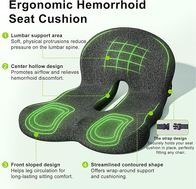 Seat Cushion, Seat Cushions for Office Chair, Ergonomic Coccyx Cushion, Breathable Non-Slip Memory Foam Pad for Long Sitting, Gaming Chair & Car Seat