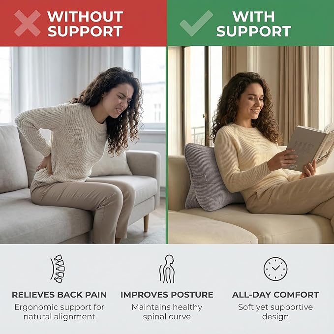 Pat. Pend. Corduroy Back Pillow for Sitting, Lumbar Support Cushion for Sofa, Office Chair & Bed Sitting, Reading & Watching TV, Ergonomic Triangle Backrest Pillow, Light Gray