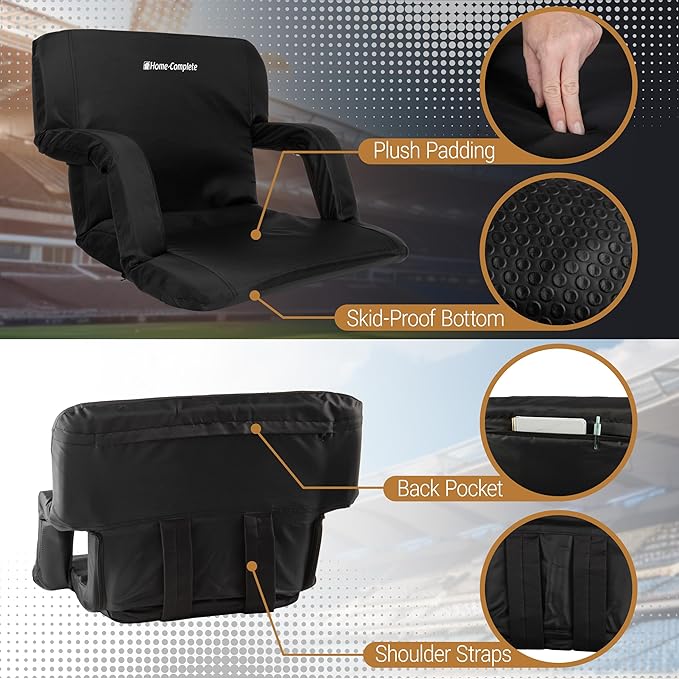 Home-Complete Stadium Seats - Bleacher Cushion with Padded Back Support and Armrests - 6 Reclining Positions Folding Stadium Chair with Carry Straps for Sports, Concerts, Camping, or Beach