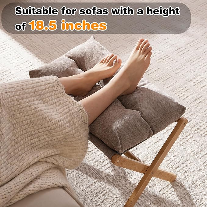 Baveke Folding Foot Stool, Small Accent Ottoman with Thick Cotton Cushion & Bamboo X Legs, Modern Padded Sofa Stool for Makeup Bedroom Living Room (Brown)