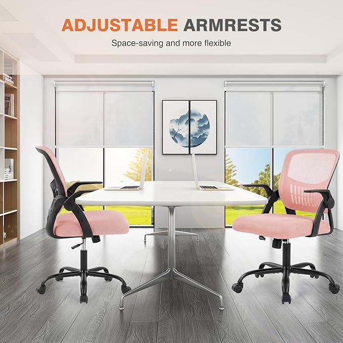 Sweetcrispy Home Office Managerial Executive Chair, Flip Up Armrest Ergonomic Mesh Adjustable Swivel Mid-Back Computer Desk Chair with Comfortable Lumbar Support, Comfy Arms for Bedroom,Blak&Pink