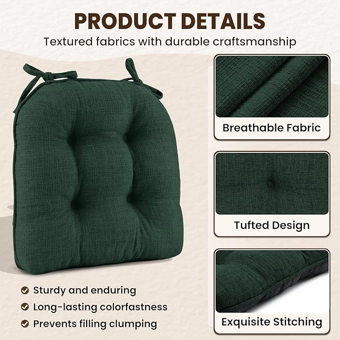 downluxe Indoor Chair Cushions for Dining Chairs, Tufted Overstuffed Textured Kitchen Chair Pads with Ties and Non-Slip Backing, 16.5" x 16.5" x 4", Dark Green, 4 Pack
