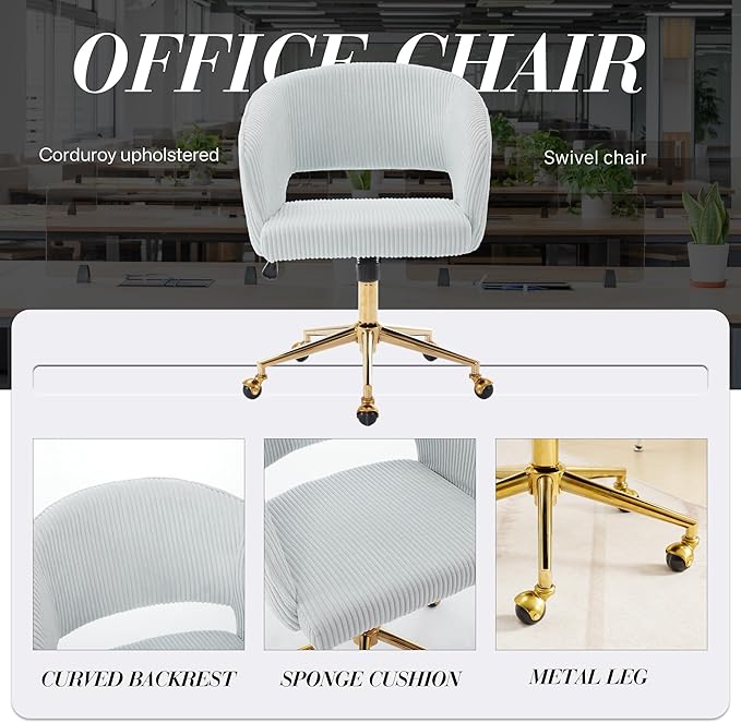 KCC Home Office Chair Swivel Desk Chair Accent Armchair Upholstered Modern Tufted Chairs with Gold Base for Girls Women Ergonomic Study Seat Computer Task Stools, with Wheels, Corduroy,Light Blue