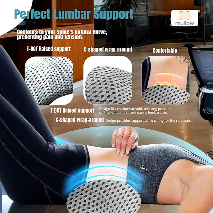 Mullow® Lumbar Support Pillow for Office Chair | for Low Back Pain Relief | Memory Foam Ergonomic Sreamline | for Car, Office Chair, Home, Bed, Seat Cushion(Grey)