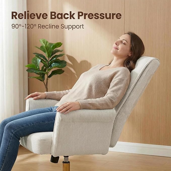 Striped Velvet Office Chair, 360° Swivel Ergonomic Task Chair with High Back, Gold Base and Wheels, Height Adjustable Modern Accent Chair for Home Office, Living Room, Study, Vanity Room (White)
