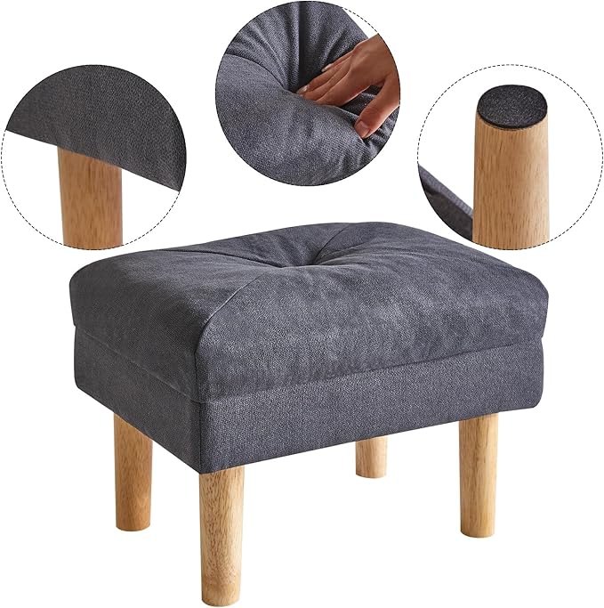 YMYNY 15.75" Small Foot Stool Ottoman, Footrest with Sponge Soft Padded Seat, Cotton-Linen Blend Fabric Footstool for Sofa, Bedroom, Living Room, Entryway, Solid Wood Legs, Dark Grey UHBD023BG