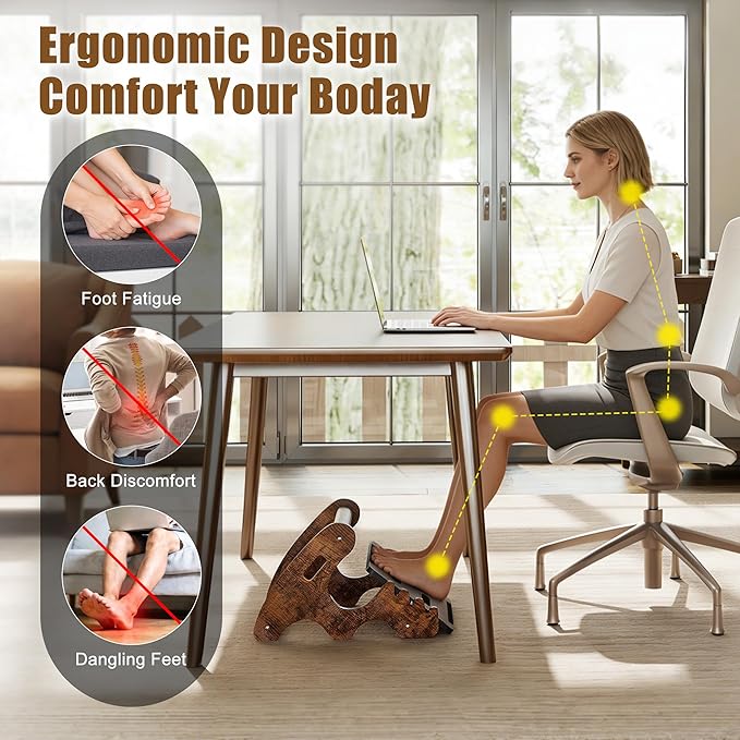 Upgraded Foot Rest Under Desk- Wooden Ergonomic Adjustable Rocking Foot Stool Under Desk with Soft Crossbar, 3 Height & Angle Settings, Non-Slip Surface for Improved Posture,Home & Office