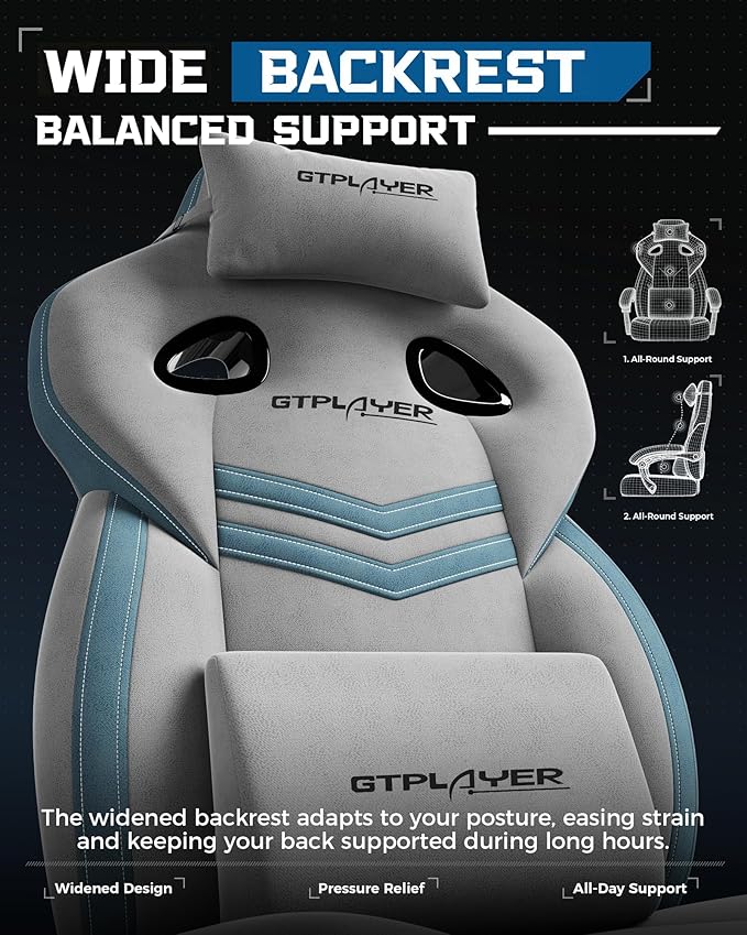 GTPLAYER Gaming Chairs for Adult - Ergonomic Big & Tall Gaming Seat with Footrest & Lumbar Support, Comfortable Office Chair 90-155° Reclining - Heavy Duty Wide Computer Seat, Grey