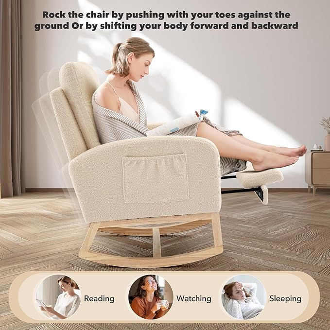 Nursery Rocking Chair with Foot Rest, High Back Upholstered Glider Rocker Chair, Solid Wood Base Lounge Chair for Mom Feeding, Living Room Bedroom Relaxation