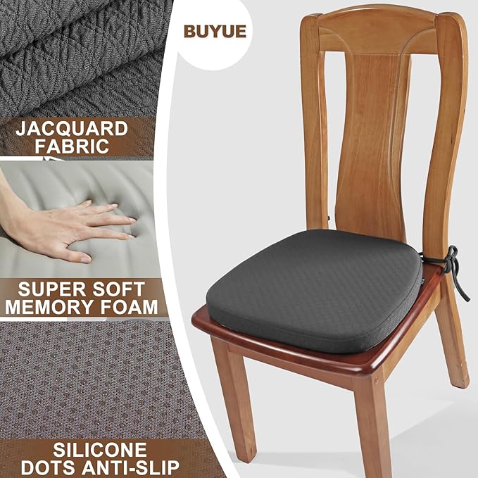 BUYUE Luxury Memory Foam Chair Cushions 6 Pack, Jacquard 16" U-Shape Comfortable Dining Chair Pads, Removable Slip Resistant Kitchen Chair Seat Cushions (Set of 6, Grey)