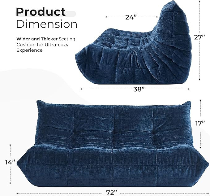 HABUTWAY Bean Bag Chair, Giant Bean Bag Chairs for Adults, 3 Seater Fireside Chair, Lazy Large Floor Bean Bag Sofa for Living Room, Bedroom, Dorm, Office (Navy Blue)