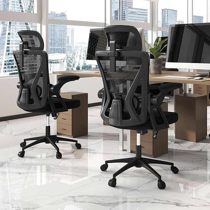 Giantex Ergonomic Mesh Office Chair, Computer Chiar with 2D Headrest, Flip-up Padded Arms & Rocking Function, High Back Desk Chairs for Home, Black