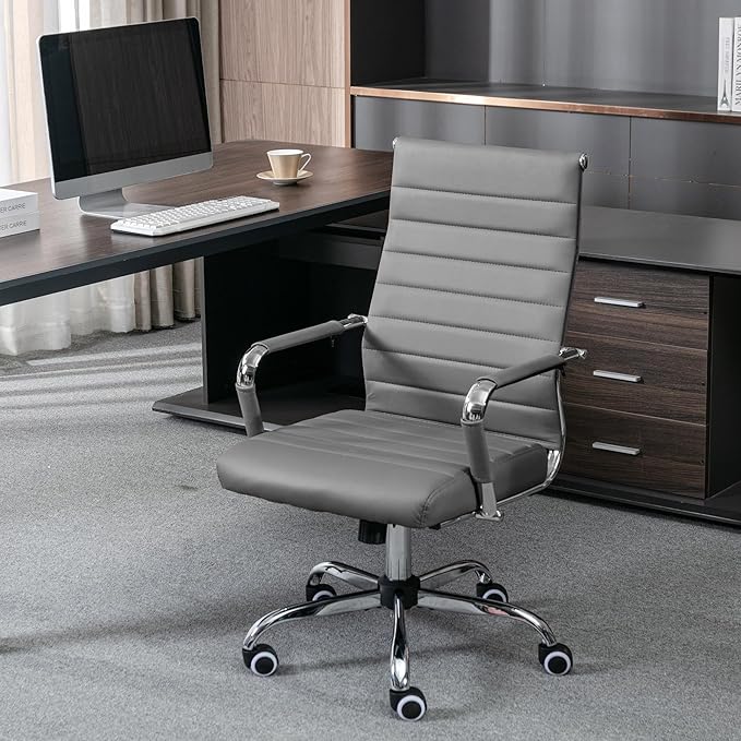 Okeysen Office Desk Chair, Ergonomic Leather Modern Conference Room Chairs, Executive Ribbed Height Adjustable Swivel Rolling Chair for Home Office