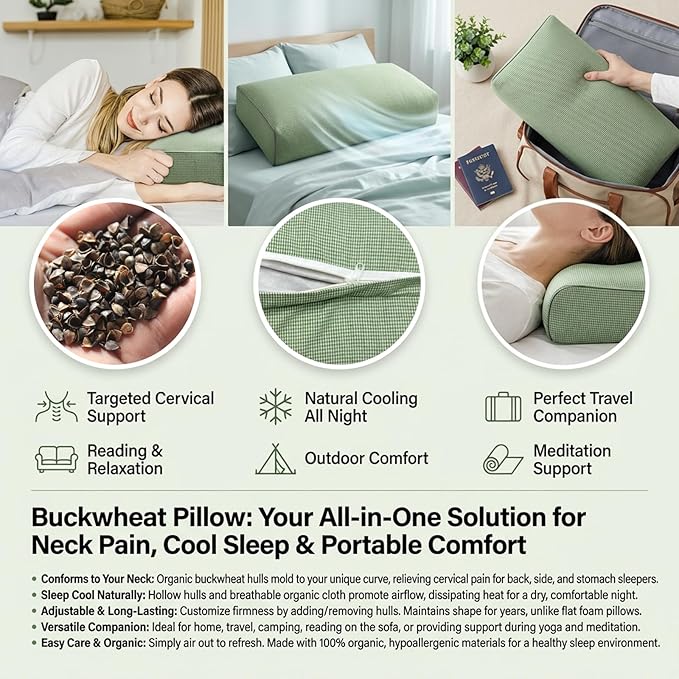 Buckwheat Pillow & Cervical Pillows for Sleeping (21x8x3inch), Natural Cooling Technology and Relieve Cervical Pain, 100% Organic Coarse Cloth Package w Organic Buckwheat Hulls. (C-Green)