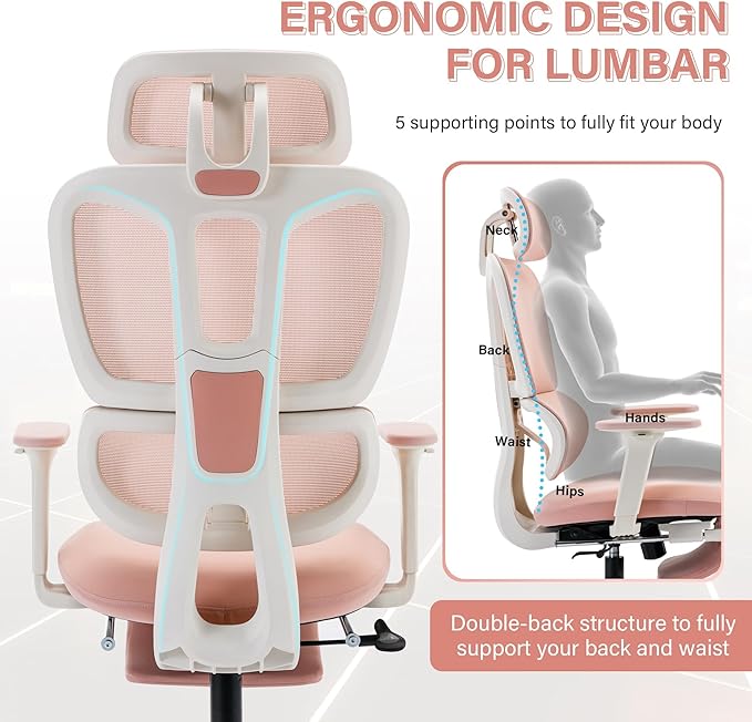 Ergonomic Office Chair with Footrest, High Back Computer Office Chair with Dynamic Lumbar Support, 2D Headrest, 2D Armrest, Sponge Seat, Mesh Home Office Desk Chair for Adults, Pink
