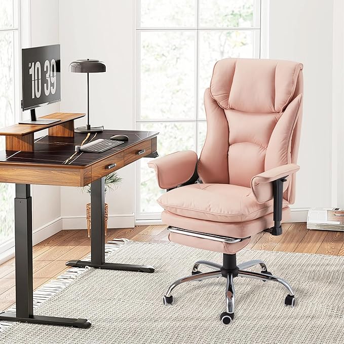 HOMREST 4-Point Massage Office Chair with Heat, 155° Reclining Executive Desk Chair with Adjustable Armrests, Ergonomic High Back Computer Chair for Home Office, Pink