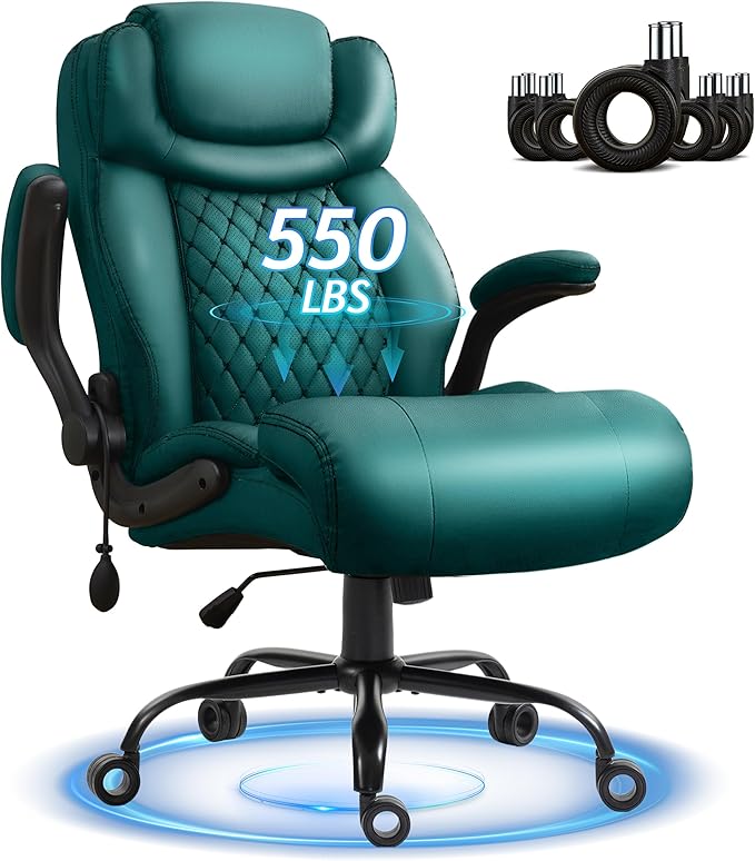 Office Chair, Big and Tall Executive Chairs with Lumbar Support for Back Pain,Breathable Desk Computer Chair with Adjustable Flip-up Armrests,Wide Cushion Swivel Home Office Chair Green PU
