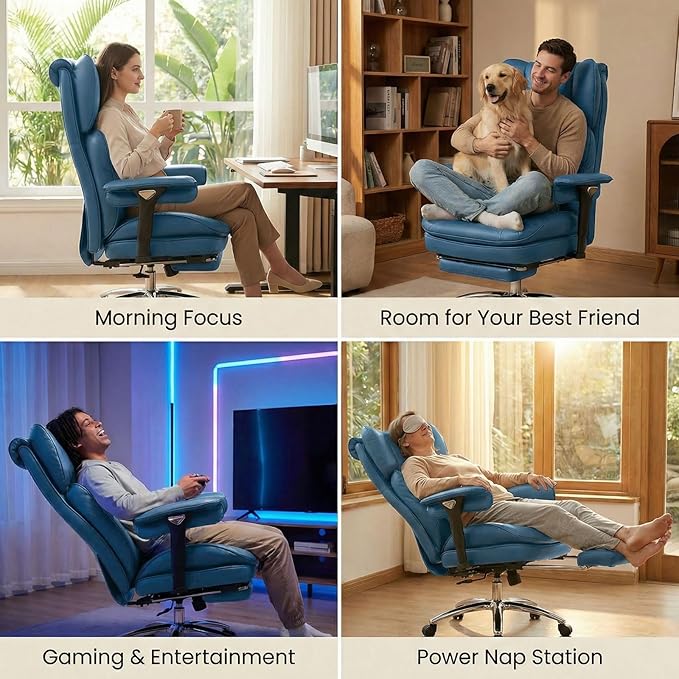 Efomao Big & Tall Executive Office Chair with Footrest - 400lbs Heavy Duty High Back PU Leather Desk Chair, Modern Ergonomic Reclining Computer Chair, Blue