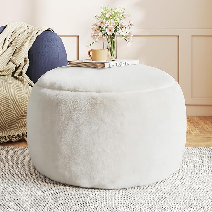 Gericco Round Pouf Ottoman Foot Rest, 29 X 18Inch Floor Poufs Footstool, A Round Modern Foam Filled Foot Stool for Living Room, Home, Nursery, Dorm (White, 29Inch)