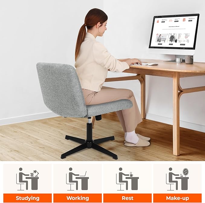 NEO CHAIR Criss Cross Chair No Wheels Armless Cross Legged Office Desk Wide Comfy Vanity Makeup Chair Adjustable Computer Task for Home Office Fabric (Grey)