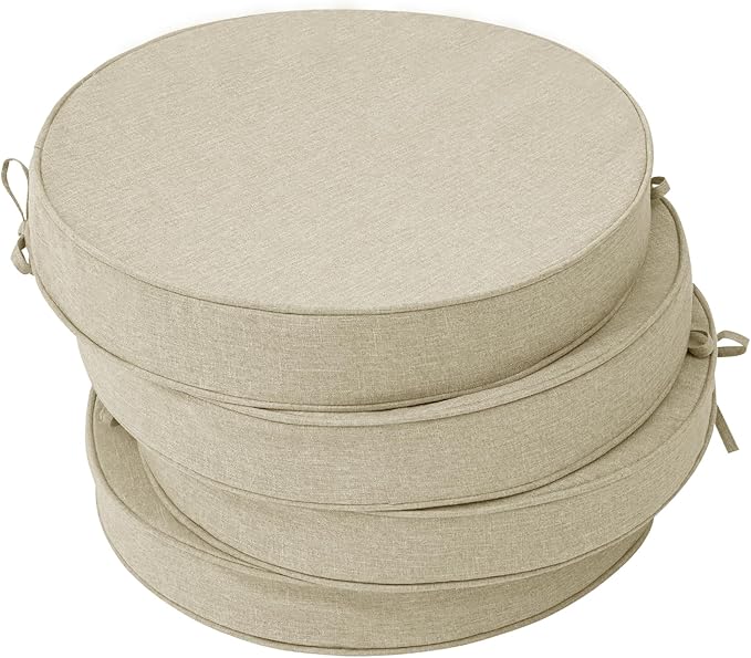 Outdoor Round Chair Cushions 18 Inch, Fade-Resistant & Water-Resistant, Bistro Chair Seat Pads for Porch Garden Balcony Patio Furniture Stools, Non-Slip Bottom, Set of 4, Beige
