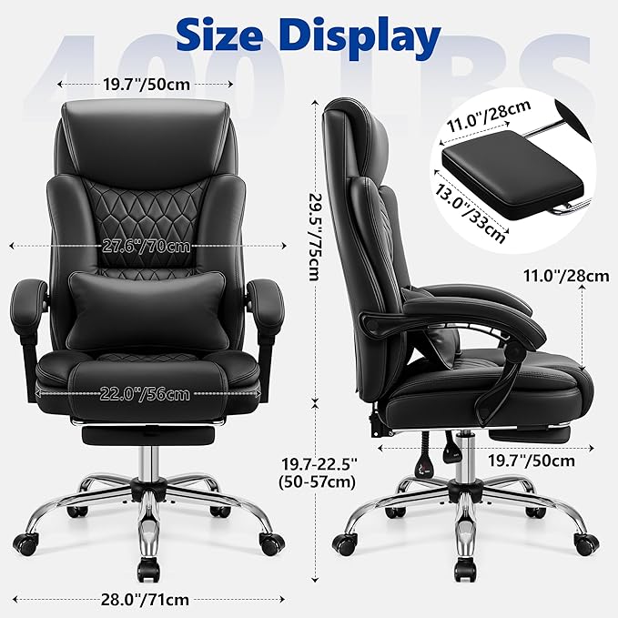 Big and Tall Office Chair 400lbs - Wide Memory Foam Seat with Spring Pack, Reclining Executive Desk Chair with Footrest, Ergonomic Heavy Duty High Back Computer Chair, Black