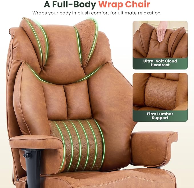 500lbs Big and Tall Office Chair Adjustable Lumbar Support, Extra Wide Seat Ergonomic Gaming Chair with Footrest, Heavy Duty High Back Executive Leather Computer Desk Chair (Brown)