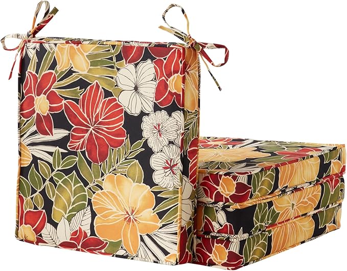 Outdoor 18 inch Square Patio Dining Chair Pads – Comfortable Fiber-Filled Seat Cushions with Ties, Reversible Polyester Fabric - Aloha Black Floral, Set of 4