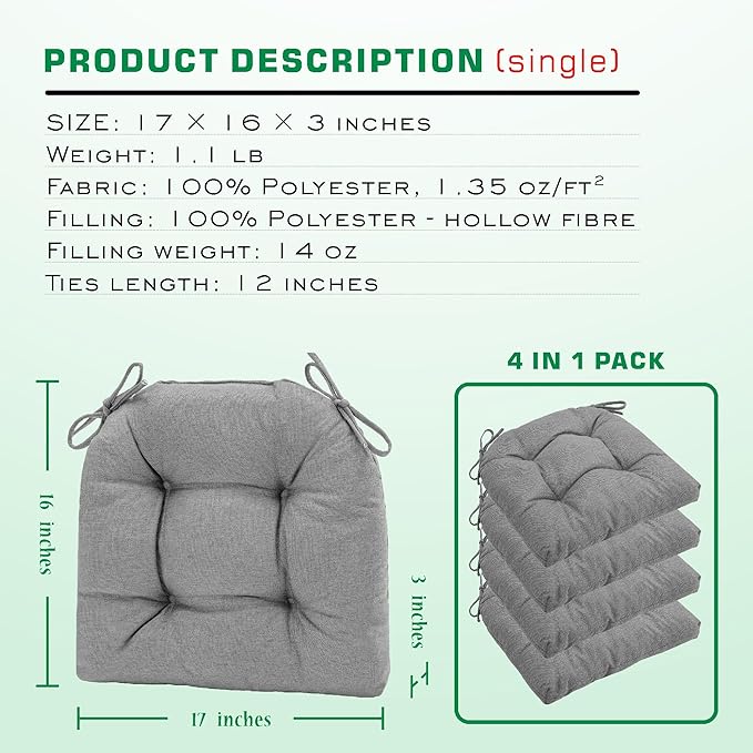 SQUARE MOON Chair Cushions for Dining Chairs, 3 Inch Thick Comfortable Kitchen Chair Pads, Dining Room Seat Cushions with Ties, Machine Washable, 17" x 16" x 3", 4/Pack, Light Grey