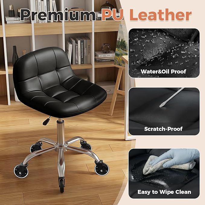 Rolling Stool Chair with Wheels, Height Adjustable Stool with Back Support, Office Drafting Chair with PU Leather Cushion for Home Office Kitchen Vanity Salon Garage Tattoo Dentist Esthetician(Black)