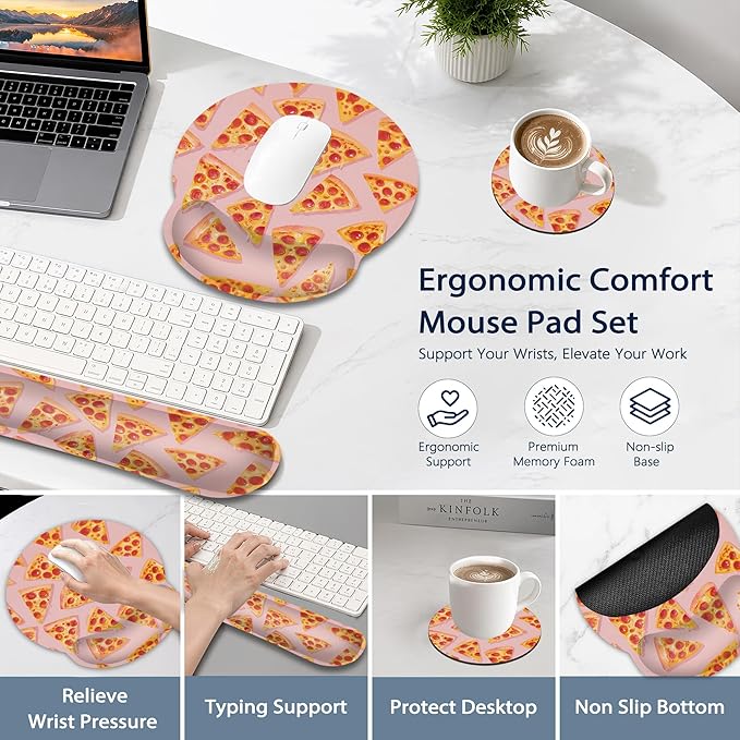Ergonomic Memory Foam Wrist Rest Set for Keyboard and Mouse,Cute Pizza Supportive Mouse Pad with Non Slip Base for Office Work and Gaming