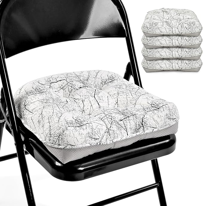 Marble Pattern 3" Chair Cushion for Dining Chair, Filling Bite-Size Memory Foam U-Shaped Seat Cushions for Kitchen Chairs, Non-Slip Indoor Chair Pad with Ties, Set of 4, White