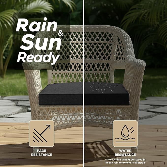 Outdoor Chair Cushions, Fade-Resistant & Water-Resistant, D Shaped Patio Furniture Seat Chair Pads Replacement with Ties, Non-Slip Bottom, Removable Cover, Set of 2, 18.5 x 16 Inch, Black