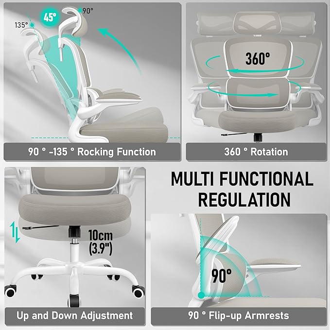 BESTFAIR High Back Ergonomic Office Chair, Breathable Mesh Desk Chair with Lumbar Support, Adjustable Headrest, Flip-up Armrests, Computer Gaming Chair, (LightGray)