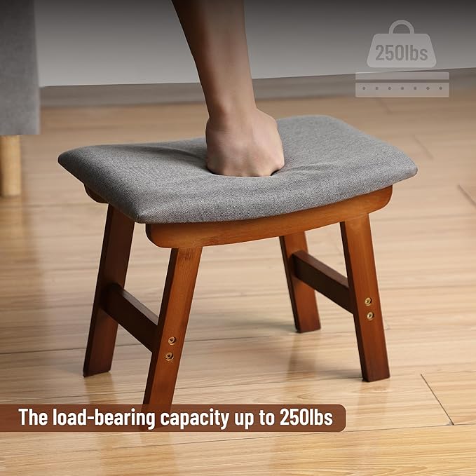 BAMBOO LAND- Bamboo Foot Stools Ottoman, Gray Cushion & Brown Wood Legs, Small Ottoman Foot Rest for Couch