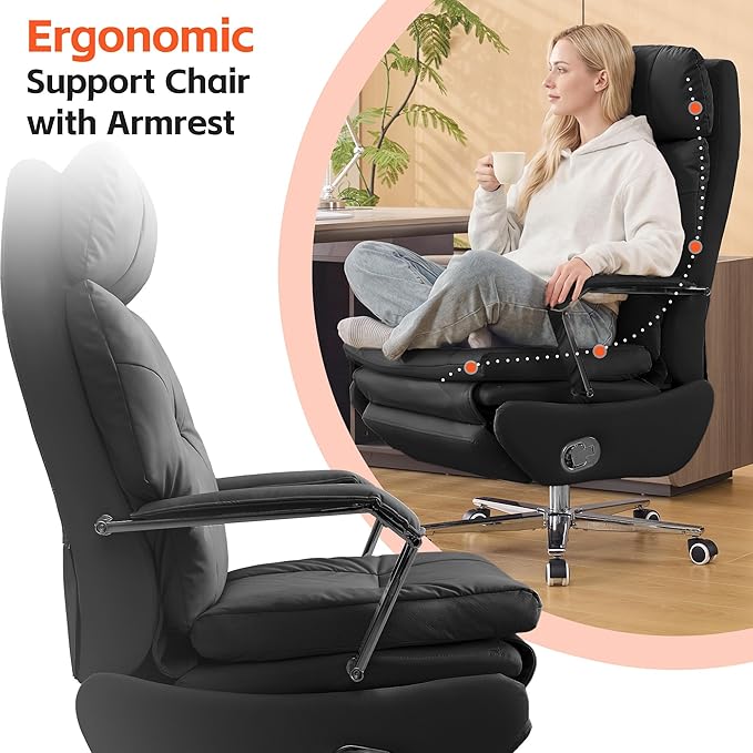 Big and Tall Executive Office Chairs with Footrest, Ergonomic 360° Swivel Desk Chair High Back Recliner, Manual 150° Reclining Computer Gaming Chair with Wheels for Home Office Faux Leather, Black