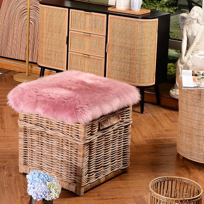 LLB Sheepskin Chair Covers Office Chair Cushion Dining Room Chair Pads Desk Chair Seat Cushion for Computer Fur Area Rugs for Living Room 18x18 Inch (Pack of 1), Light Pink