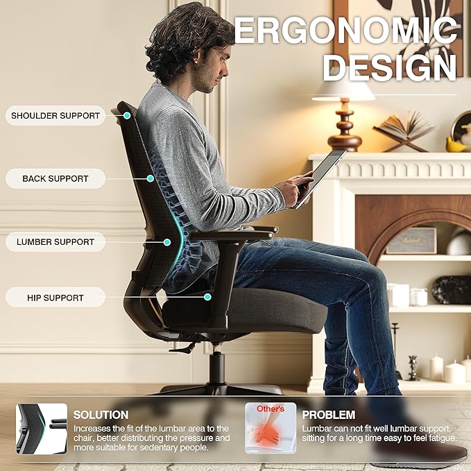 ELABEST Mesh Office Chair,Ergonomic Computer Desk Chair,Sturdy Task Chair- Adjustable Lumbar Support & Armrests,Tilt Function,Comfort Wide Seat,Swivel Home Office Chair (Noir Black (Padded Seat))