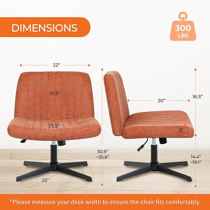 Orange Factory Criss Cross Chair No Wheel Wide Cross Legged Office Desk Vanity Chair Comfy Fabric Armless Adjustable Swivel for Home Computer Task (Brown No Wheel, Classic Fabric)